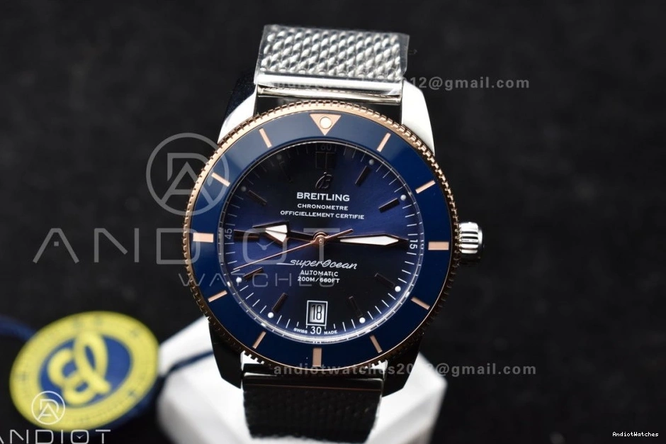 Ceramic BLSF SS Blue Dial and RG Blue II Bracelet Bezel A SuperOcean WaterResistant 1172 Mesh 42mm Heritage Bezel on 1213